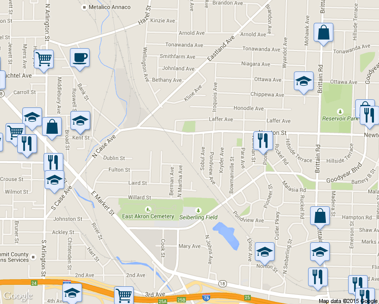 map of restaurants, bars, coffee shops, grocery stores, and more near 278 Barder Avenue in Akron