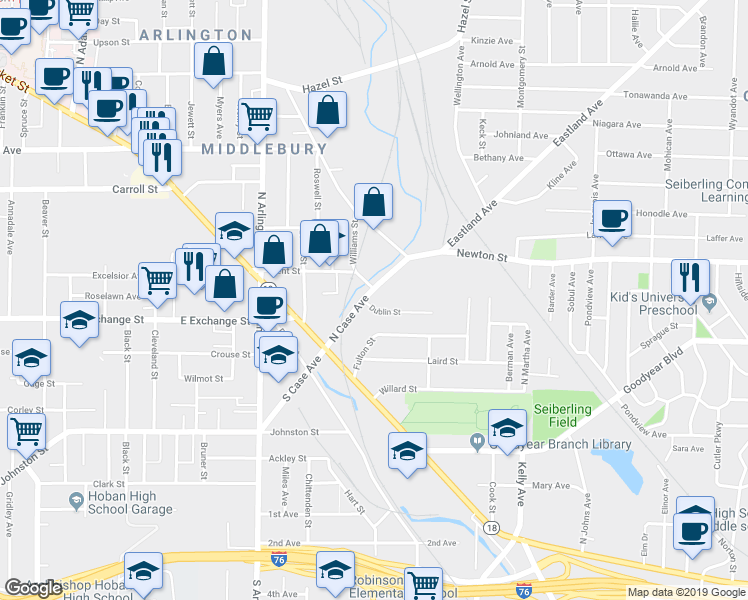 map of restaurants, bars, coffee shops, grocery stores, and more near 75 N Case Ave in Akron