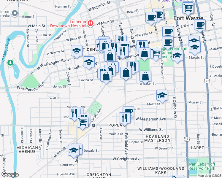 map of restaurants, bars, coffee shops, grocery stores, and more near 625 Hendricks Street in Fort Wayne