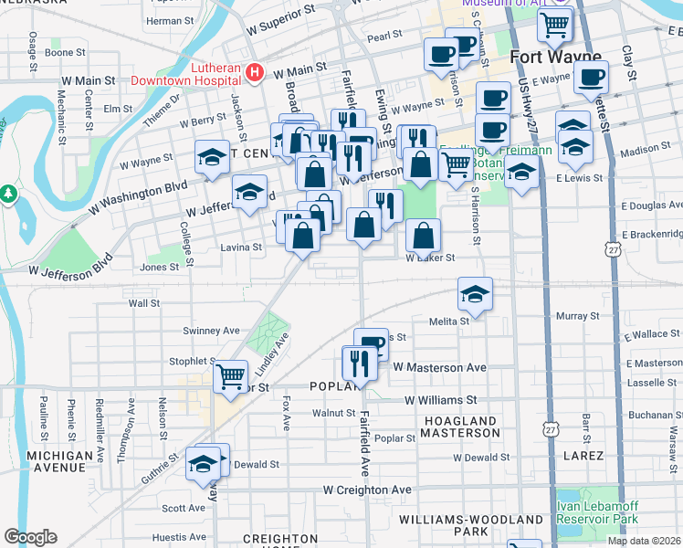 map of restaurants, bars, coffee shops, grocery stores, and more near 521 Hendricks Street in Fort Wayne