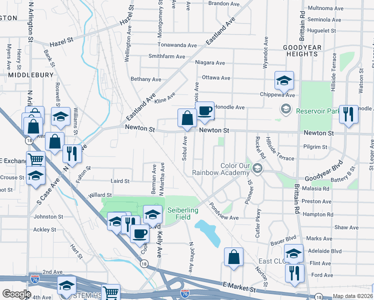 map of restaurants, bars, coffee shops, grocery stores, and more near 271 Sobul Avenue in Akron