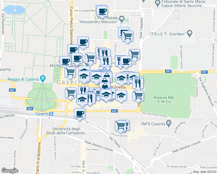 map of restaurants, bars, coffee shops, grocery stores, and more near 154 Corso Trieste in Caserta