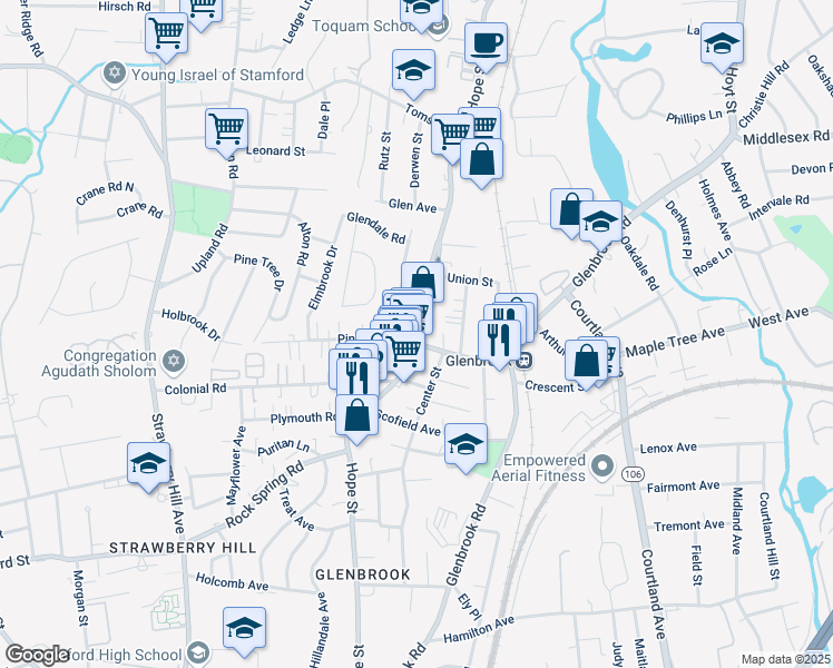 map of restaurants, bars, coffee shops, grocery stores, and more near 346 Hope Street in Stamford