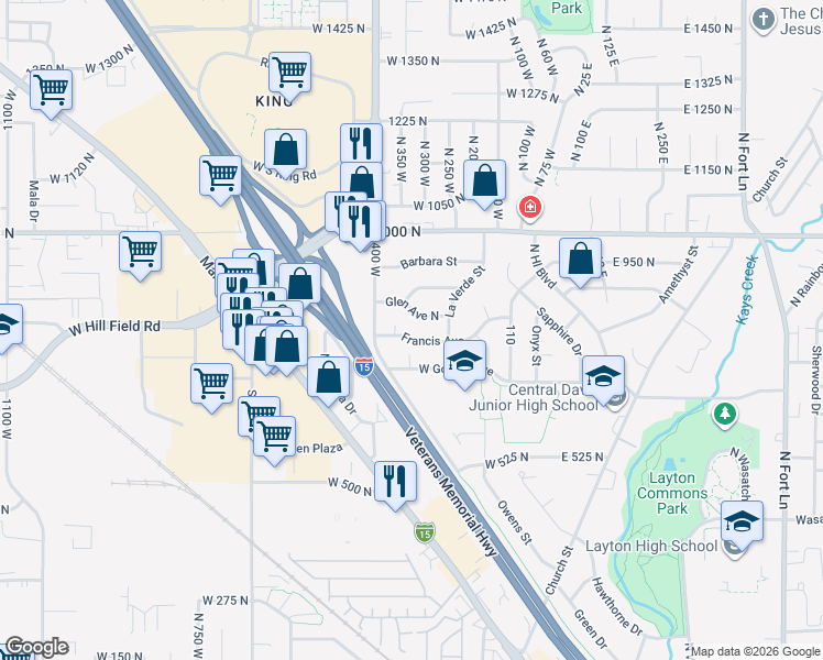 map of restaurants, bars, coffee shops, grocery stores, and more near 295 775 in Layton