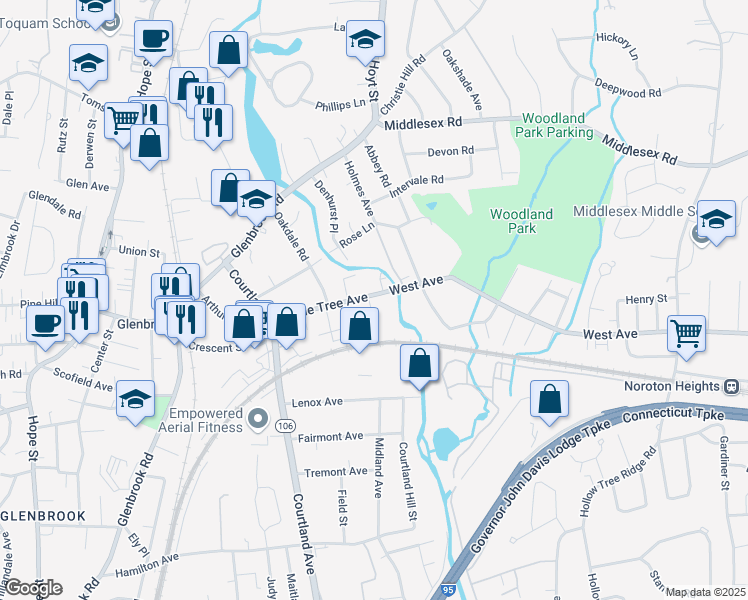 map of restaurants, bars, coffee shops, grocery stores, and more near 101 Maple Tree Avenue in Stamford