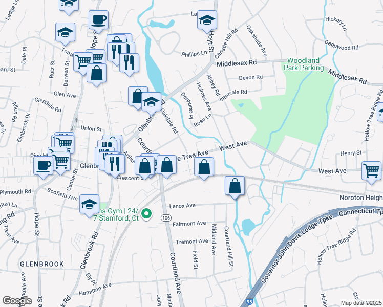 map of restaurants, bars, coffee shops, grocery stores, and more near 63 Maple Tree Avenue in Stamford