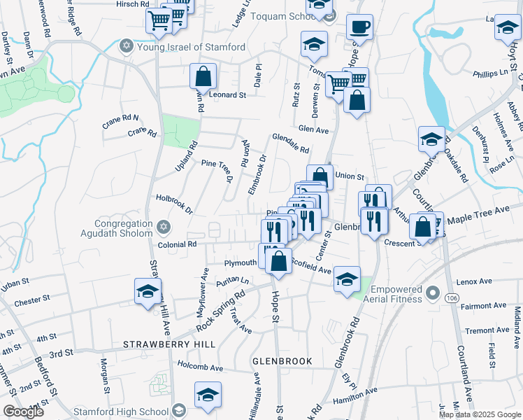 map of restaurants, bars, coffee shops, grocery stores, and more near 70 Pine Hill Avenue in Stamford