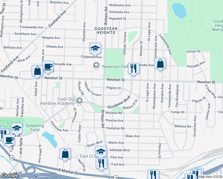 map of restaurants, bars, coffee shops, grocery stores, and more near 1571 Hillside Terrace in Akron