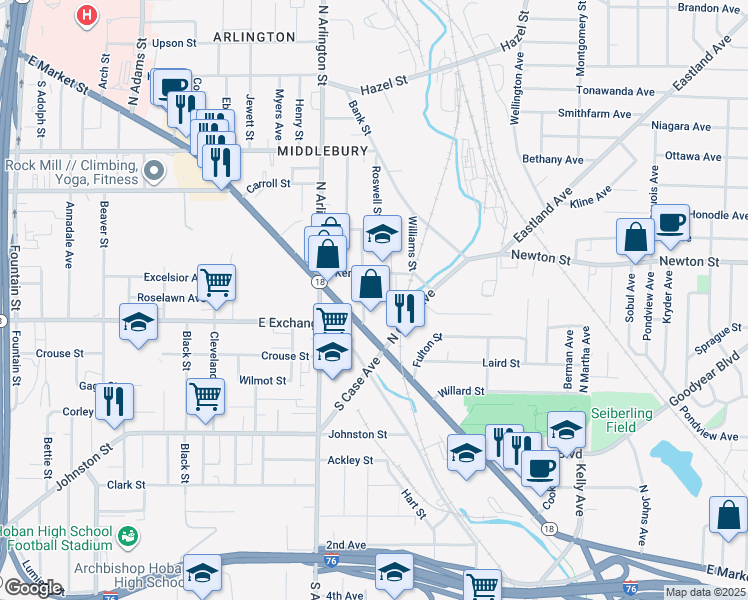 map of restaurants, bars, coffee shops, grocery stores, and more near 941 East Market Street in Akron