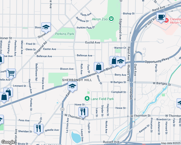 map of restaurants, bars, coffee shops, grocery stores, and more near 600 Ohio 261 in Akron