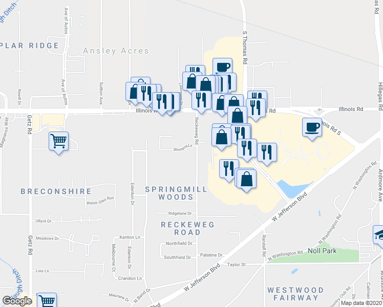 map of restaurants, bars, coffee shops, grocery stores, and more near 1430 Reckeweg Road in Fort Wayne