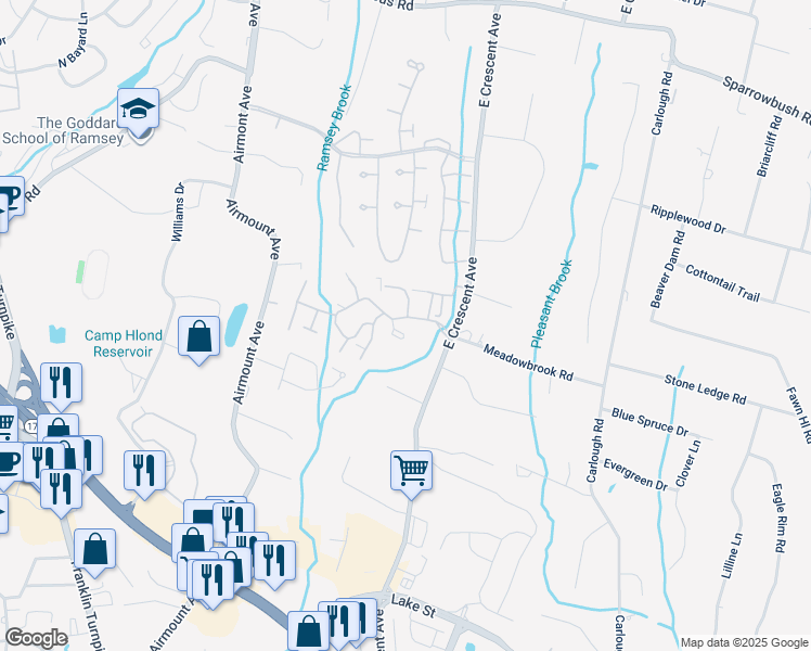 map of restaurants, bars, coffee shops, grocery stores, and more near 210 Cambridge Drive in Ramsey