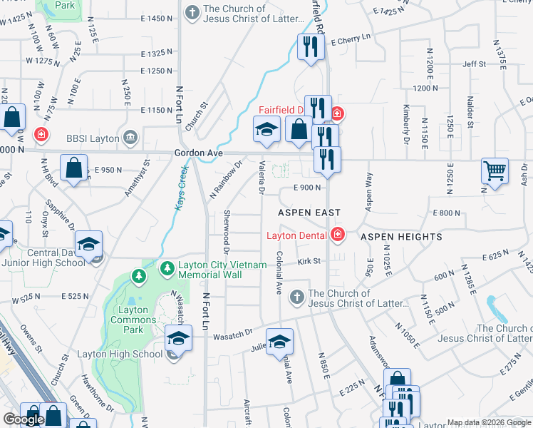 map of restaurants, bars, coffee shops, grocery stores, and more near 806 Valeria Drive in Layton