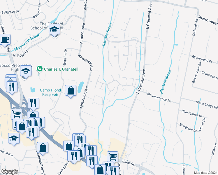 map of restaurants, bars, coffee shops, grocery stores, and more near 245 Cambridge Drive in Ramsey