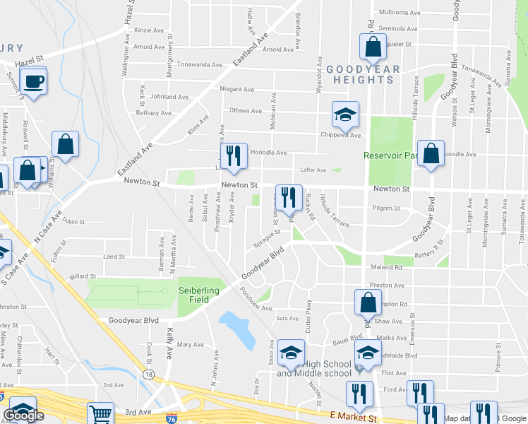 map of restaurants, bars, coffee shops, grocery stores, and more near 331 Para Avenue in Akron