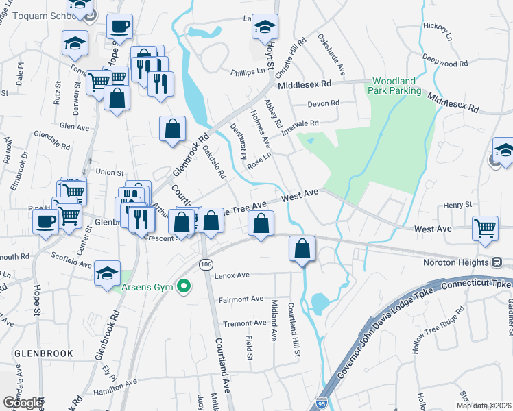 map of restaurants, bars, coffee shops, grocery stores, and more near 75 Maple Tree Avenue in Stamford