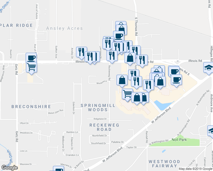 map of restaurants, bars, coffee shops, grocery stores, and more near 1430 Reckeweg Road in Fort Wayne