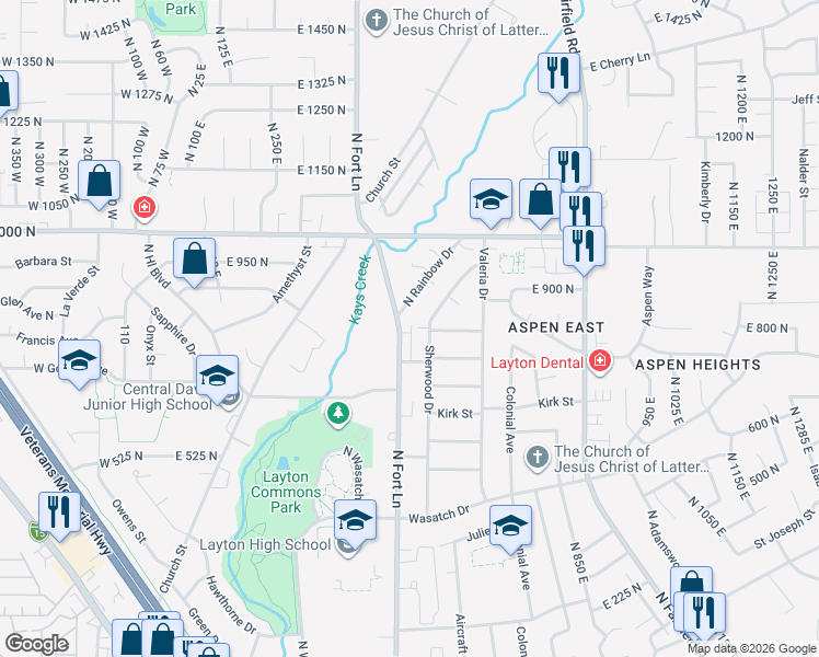 map of restaurants, bars, coffee shops, grocery stores, and more near 790 North Fort Lane in Layton
