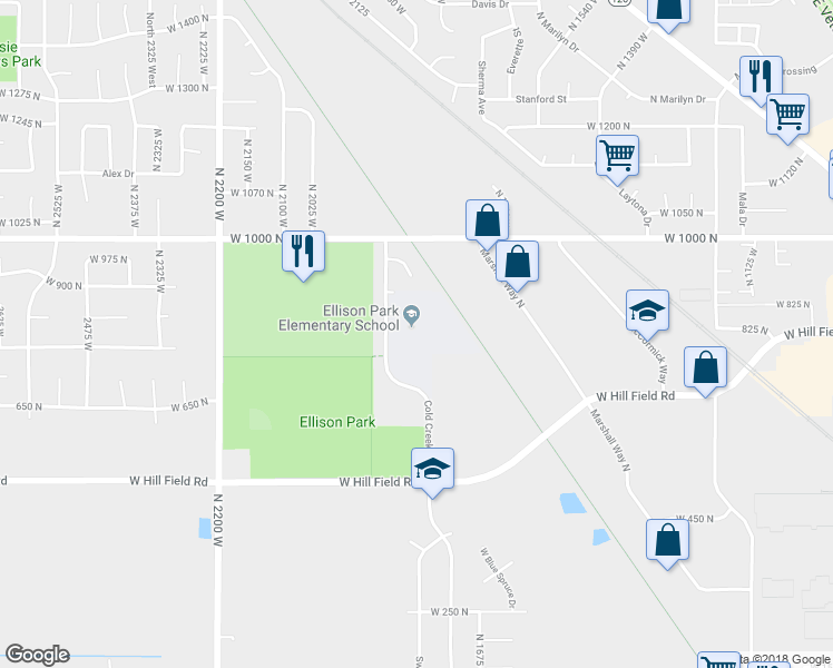 map of restaurants, bars, coffee shops, grocery stores, and more near 800 North Cold Creek Way in Layton