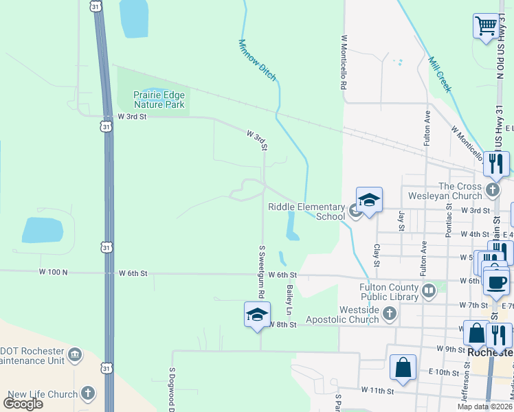 map of restaurants, bars, coffee shops, grocery stores, and more near 322 South Sweetgum Road in Rochester