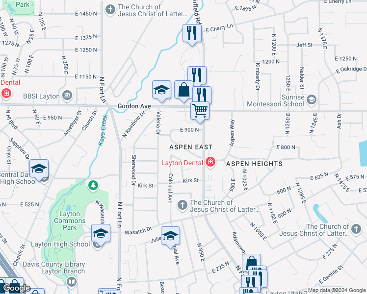 map of restaurants, bars, coffee shops, grocery stores, and more near 777 East Aspen East Drive in Layton