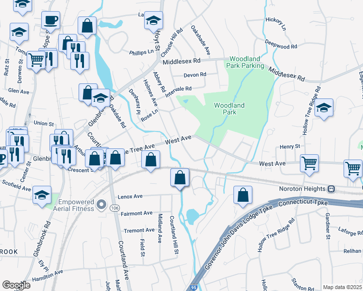 map of restaurants, bars, coffee shops, grocery stores, and more near 92 Holmes Avenue in Darien