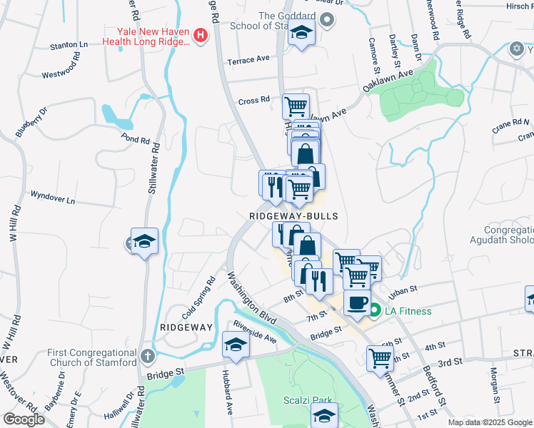 map of restaurants, bars, coffee shops, grocery stores, and more near 8 Hoover Avenue in Stamford