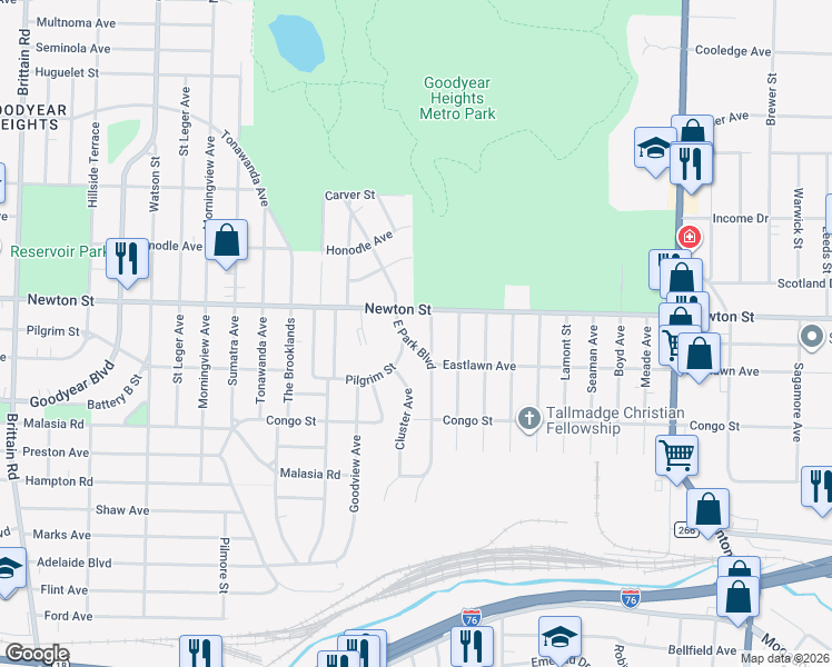 map of restaurants, bars, coffee shops, grocery stores, and more near 344 Booth Avenue in Akron