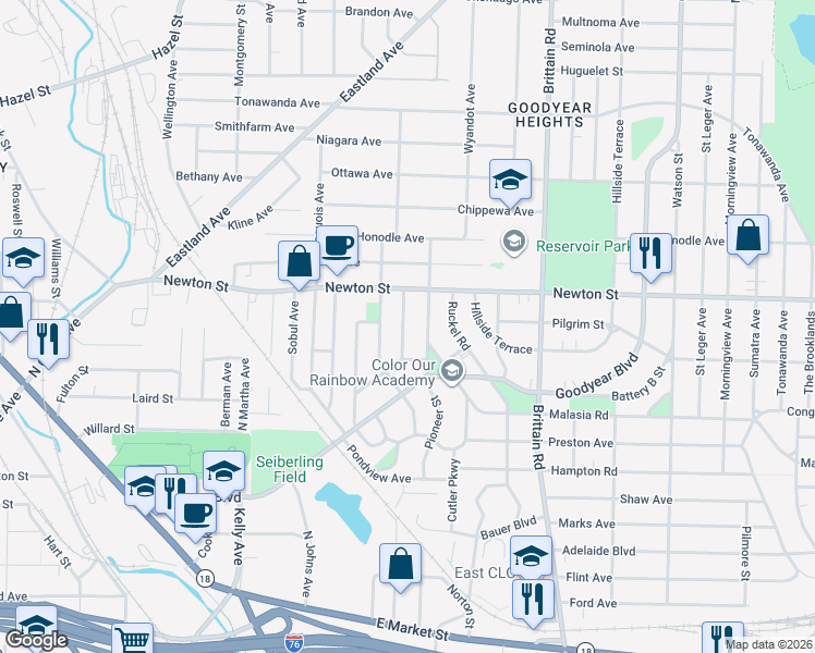 map of restaurants, bars, coffee shops, grocery stores, and more near 314 Pioneer Street in Akron