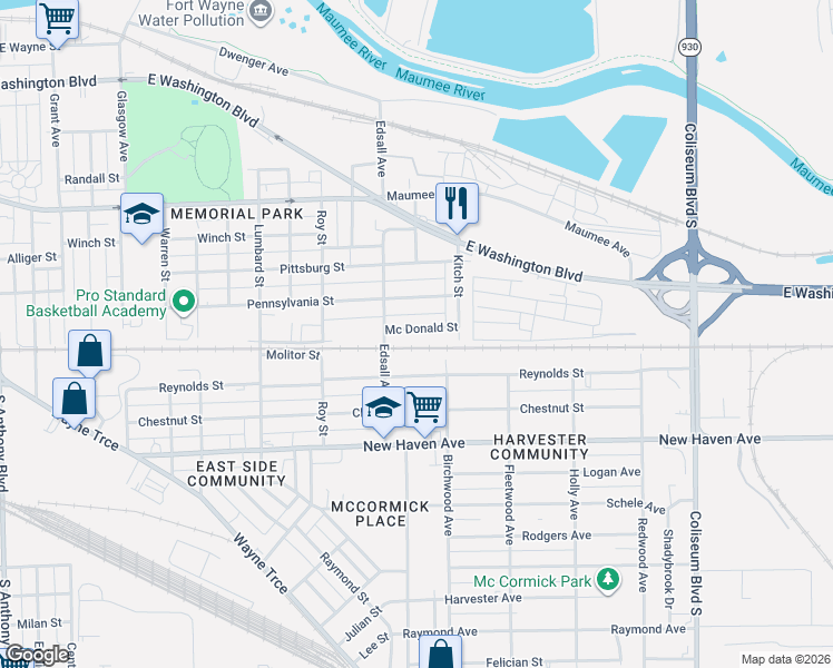 map of restaurants, bars, coffee shops, grocery stores, and more near 3106 Mc Donald Street in Fort Wayne