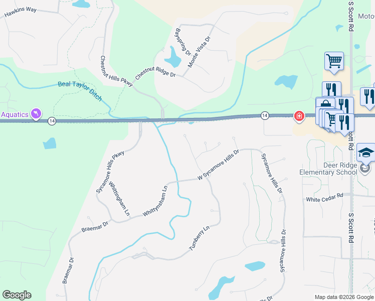 map of restaurants, bars, coffee shops, grocery stores, and more near 1434 Turnberry Lane in Fort Wayne