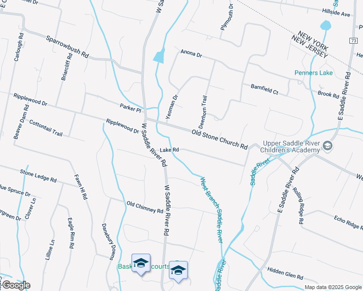 map of restaurants, bars, coffee shops, grocery stores, and more near 13 Lake Road in Upper Saddle River