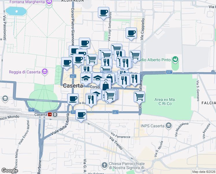 map of restaurants, bars, coffee shops, grocery stores, and more near 154 Corso Trieste in Caserta