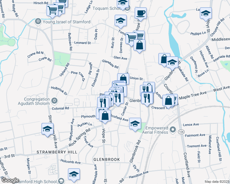 map of restaurants, bars, coffee shops, grocery stores, and more near 25 Pine Hill Avenue in Stamford