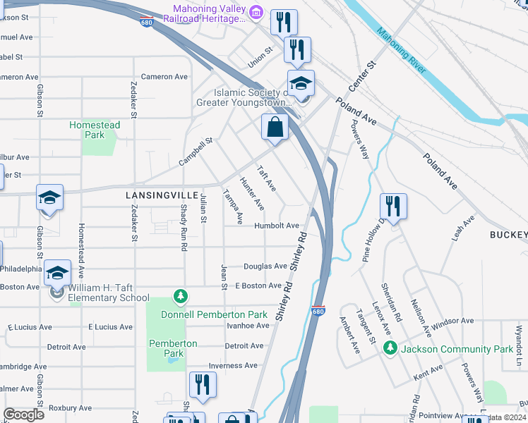 map of restaurants, bars, coffee shops, grocery stores, and more near 2670 Hunter Avenue in Youngstown