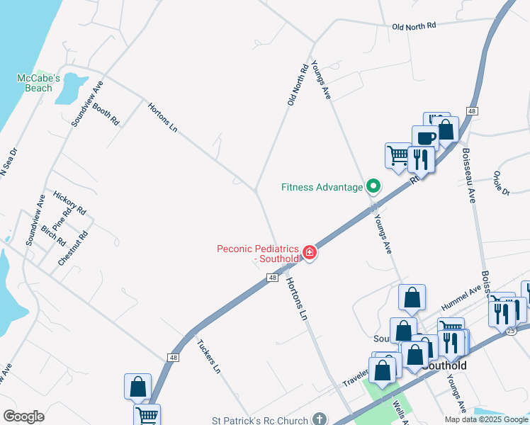 map of restaurants, bars, coffee shops, grocery stores, and more near 3340 Hortons Lane in Southold