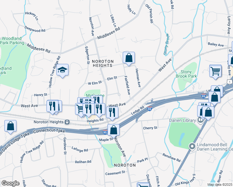 map of restaurants, bars, coffee shops, grocery stores, and more near 15 Allen-O'Neill Drive in Darien