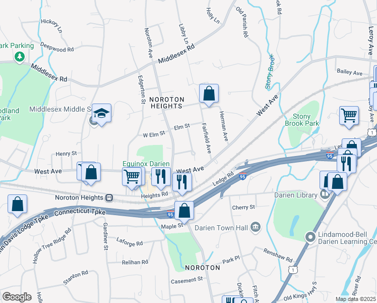map of restaurants, bars, coffee shops, grocery stores, and more near 13 Allen-O'Neill Drive in Darien