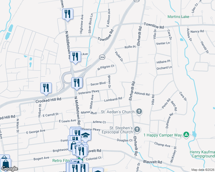 map of restaurants, bars, coffee shops, grocery stores, and more near 98 Veterans Parkway in Pearl River