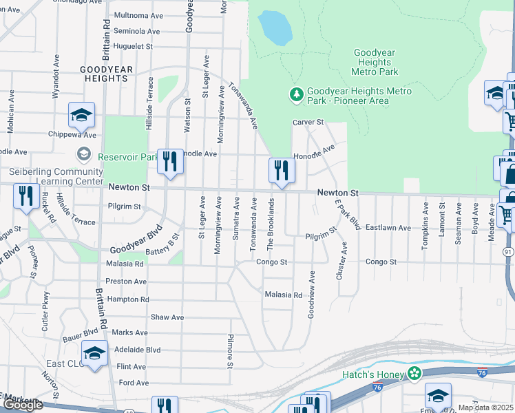 map of restaurants, bars, coffee shops, grocery stores, and more near 1893 Tonawanda Avenue in Akron