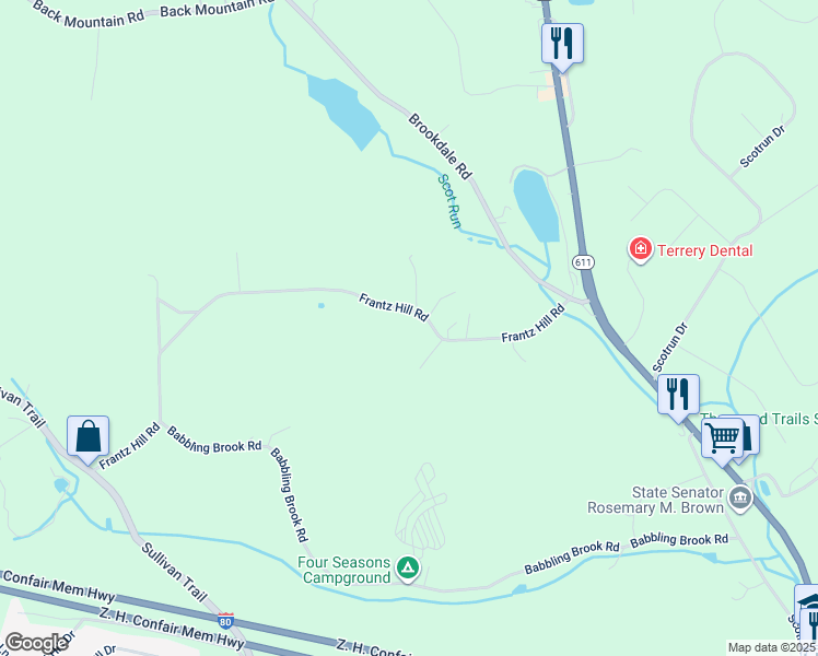 map of restaurants, bars, coffee shops, grocery stores, and more near 288 Frantz Hill Road in Monroe County