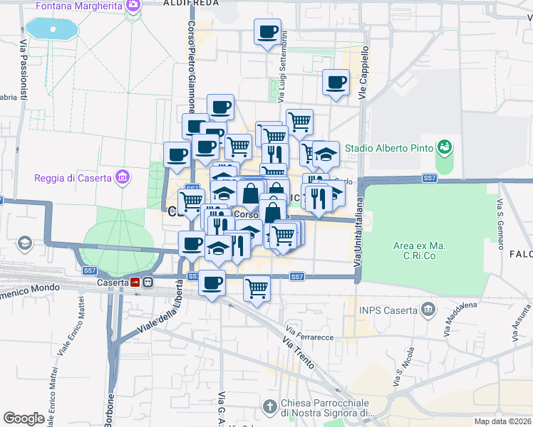 map of restaurants, bars, coffee shops, grocery stores, and more near in Caserta