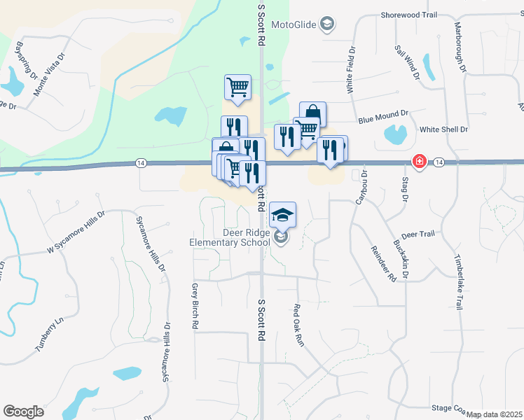 map of restaurants, bars, coffee shops, grocery stores, and more near 1388 South Scott Road in Fort Wayne