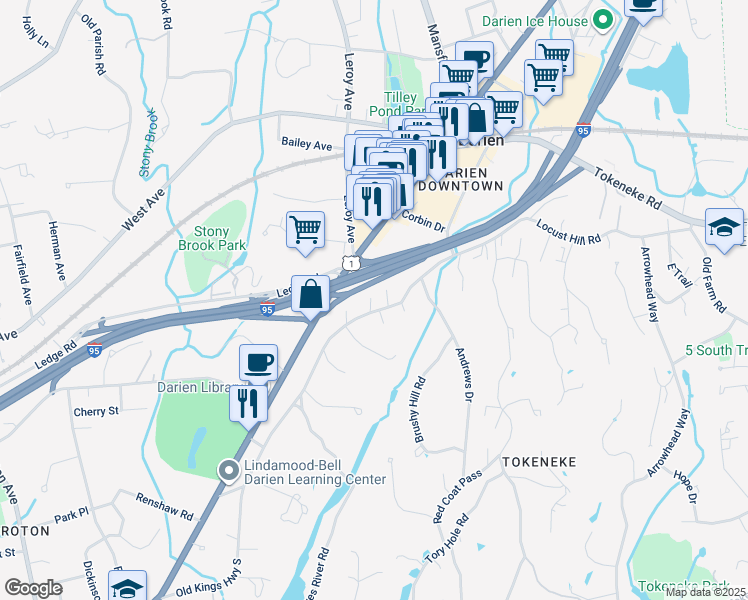 map of restaurants, bars, coffee shops, grocery stores, and more near 89 Old Kings Highway South in Darien