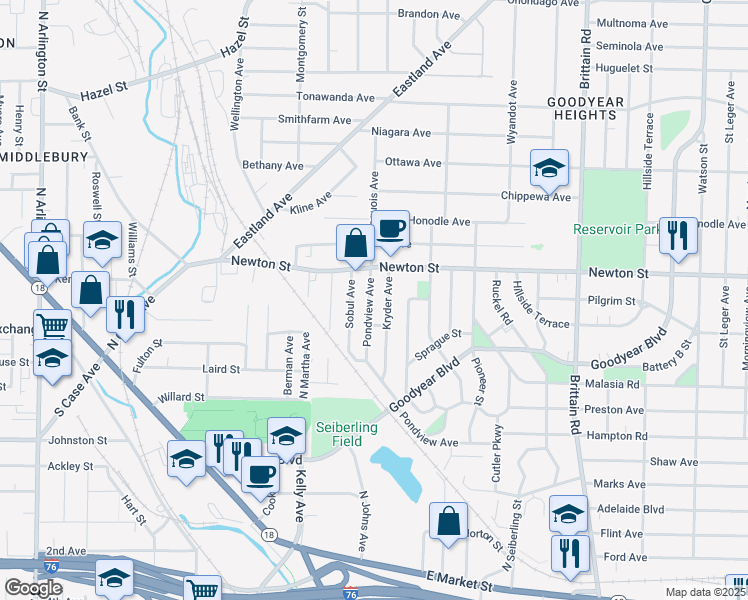 map of restaurants, bars, coffee shops, grocery stores, and more near 271 Sobul Avenue in Akron