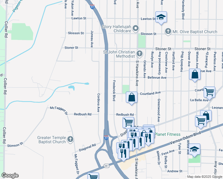 map of restaurants, bars, coffee shops, grocery stores, and more near 1390 Frederick Boulevard in Akron