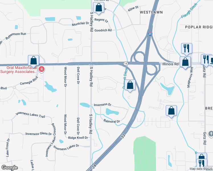 map of restaurants, bars, coffee shops, grocery stores, and more near 6 Pointe Inverness Way in Fort Wayne