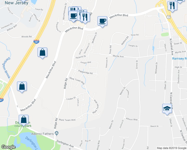 map of restaurants, bars, coffee shops, grocery stores, and more near 706 Pepperidge Road in Mahwah