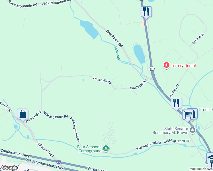 map of restaurants, bars, coffee shops, grocery stores, and more near 288 Frantz Hill Road in Monroe County