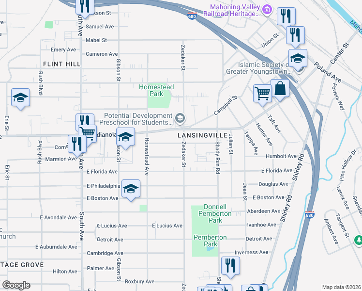 map of restaurants, bars, coffee shops, grocery stores, and more near 2744 Zedaker Street in Youngstown